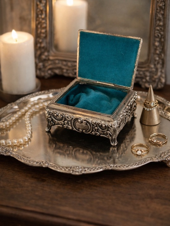 Other - Vintage Silver Tone Trinket Box Footed Jewelry Box Ornate Floral Velvet Lined
